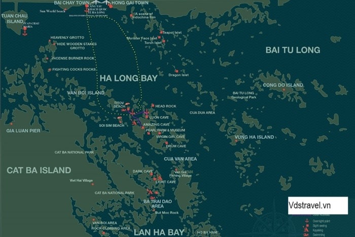 Bản đồ tour thăm Vịnh 6 tiếng đi qua các điểm: Hòn Gà Chọi - Hòn Ngón tay - Hòn Thiên Nga - Hang Sửng Sốt và Đảo Titop